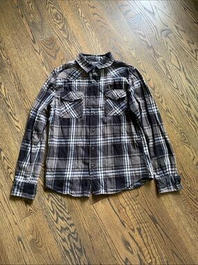 Black & Gray Plaid Flannel Shirt with Back Detail